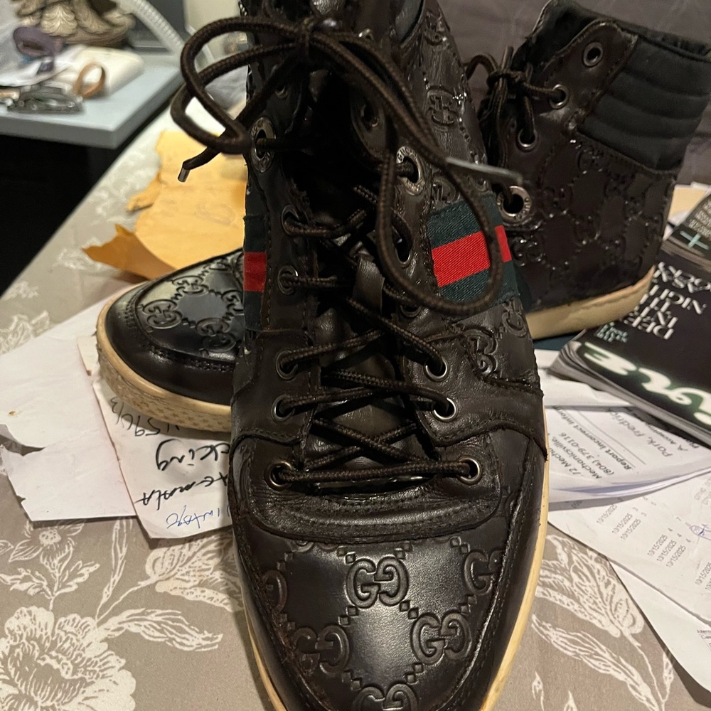 Gucci Brown Leather High-Top Boots with Red & Green Stripe - Picture 2 of 14